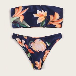 Blue Floral Bandeau Bikini Set